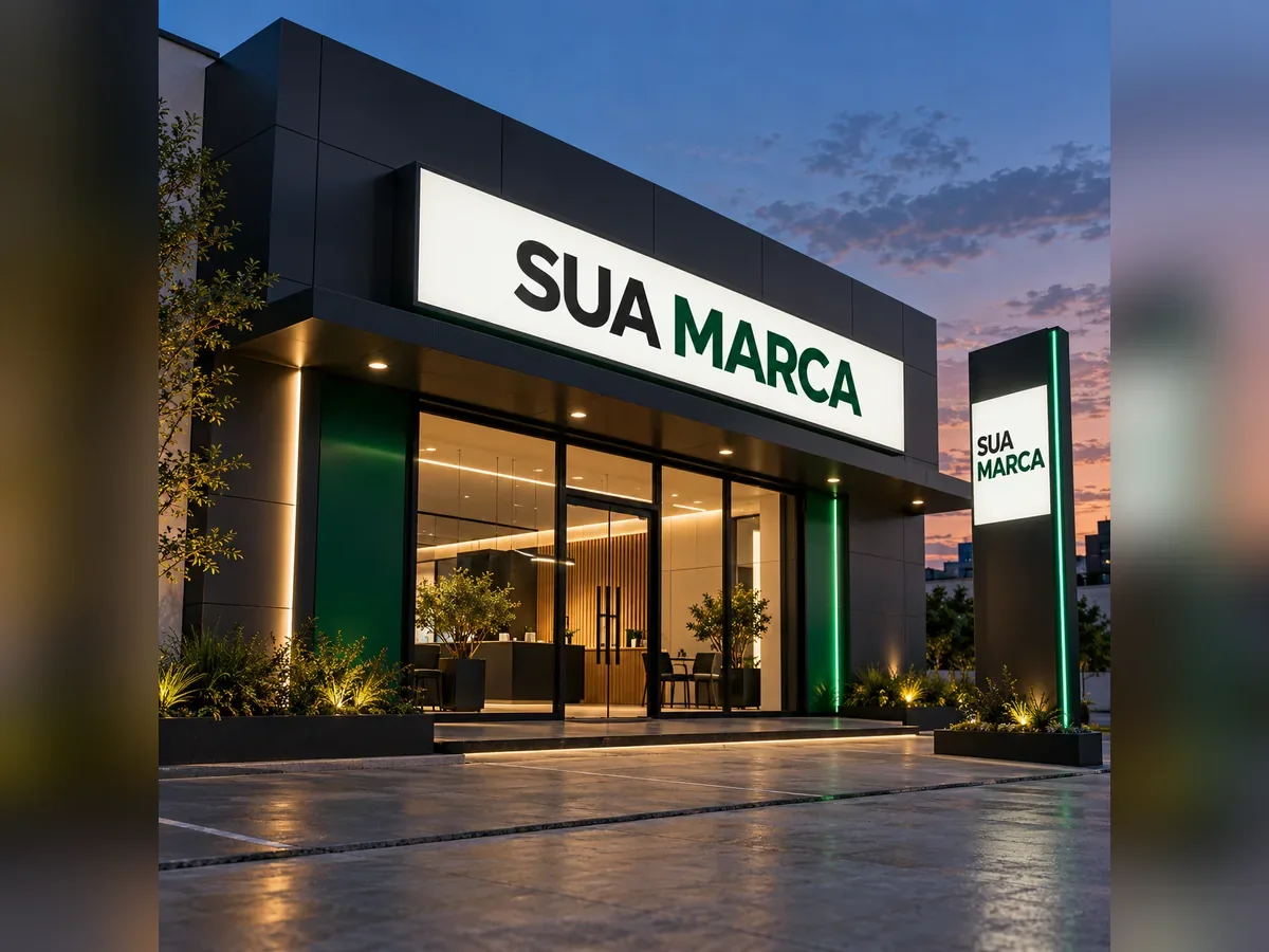 Fachada em ACM com luminoso iluminado e totem de marca ao entardecer