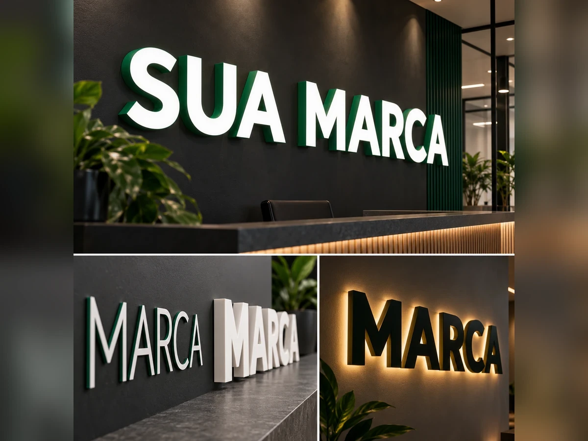 Letreiros em letra caixa na parede de uma recepção, incluindo modelo com iluminação traseira